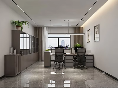 Modern Office Interior Design With Desks Office Chairs Cabinets Plants And Large Windows 3d model