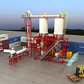 Industrial Equipment With Two White Silos Red Framework Staircase Conveyor And Blue Sky Background