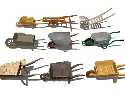 Various Wheelbarrows With Wooden Metal Frames And Assorted Design Styles 3d model