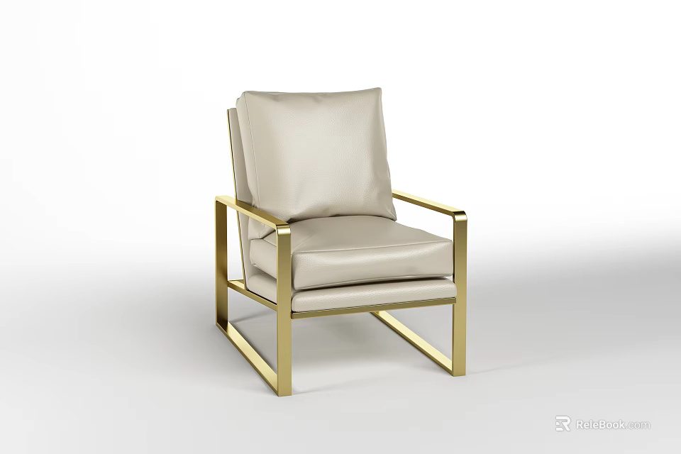 Modern Lounge Chair With Leather Upholstery Gold Metal Frame And Minimalist Design 3d model 