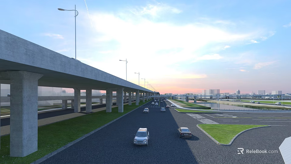 Highway Bridge with Vehicles Driving Under Street Lamps at Sunset with Grass and City Background 3d model 