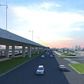 Highway Bridge with Vehicles Driving Under Street Lamps at Sunset with Grass and City Background