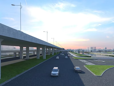 Highway Bridge with Vehicles Driving Under Street Lamps at Sunset with Grass and City Background 3d model