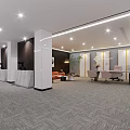 Modern Office Interior Design With Orange Sofa Wooden Table Green Plant And Decorative Paintings
