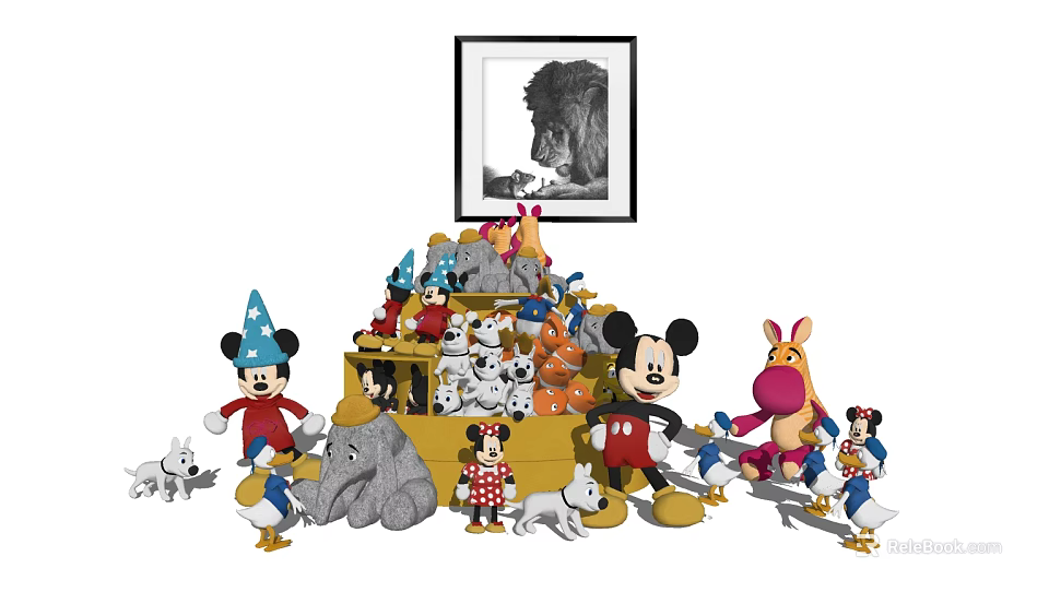 Colorful Stuffed Toys Collection Featuring Mickey Mouse Dwarfs Animal Dolls With Yellow Box Lion Painting 3d model 