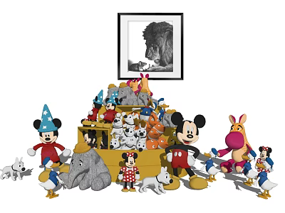 Colorful Stuffed Toys Collection Featuring Mickey Mouse Dwarfs Animal Dolls With Yellow Box Lion Painting 3d model