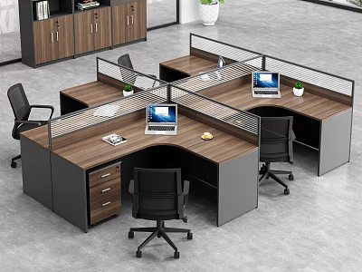 Modern Office Workstations With Wooden Tops Black Frames Computers And Green Plants 3d model