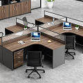 Modern Office Workstations With Wooden Tops Black Frames Computers And Green Plants