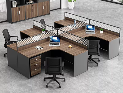 Modern Office Workstations With Wooden Tops Black Frames Computers And Green Plants 3d model
