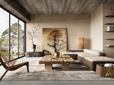 Modern Living Room With Concrete Ceiling Large Windows Tree Painting Sofa And Wooden Coffee Table 3d model
