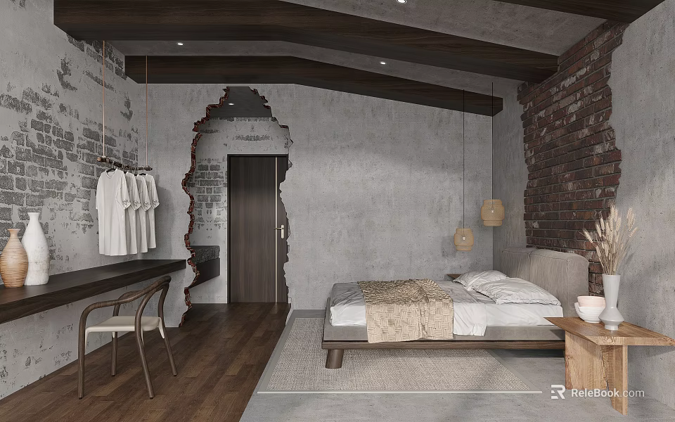 Hotel Guest Room With Concrete Brick Wall Wooden Bed Frame Light Sheets And Hanging Lamps 3d model 