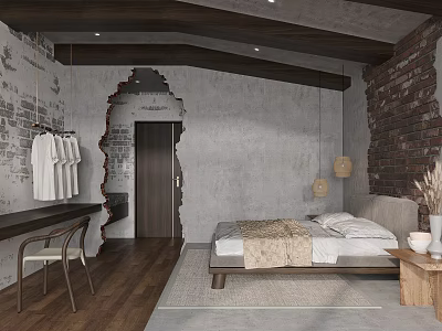 Hotel Guest Room With Concrete Brick Wall Wooden Bed Frame Light Sheets And Hanging Lamps 3d model