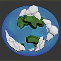 3D Rendered Cartoon Scene With Green Rock Formations And Transparent Floating Elements On Blue Circular Base