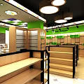 Modern Retail Store Interior With Green Accents Wooden Shelves And Display Racks