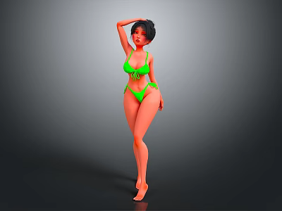 Woman In Green Bikini Posing With Hand On Head Against Grey Background 3d model