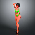 Woman In Green Bikini Posing With Hand On Head Against Grey Background