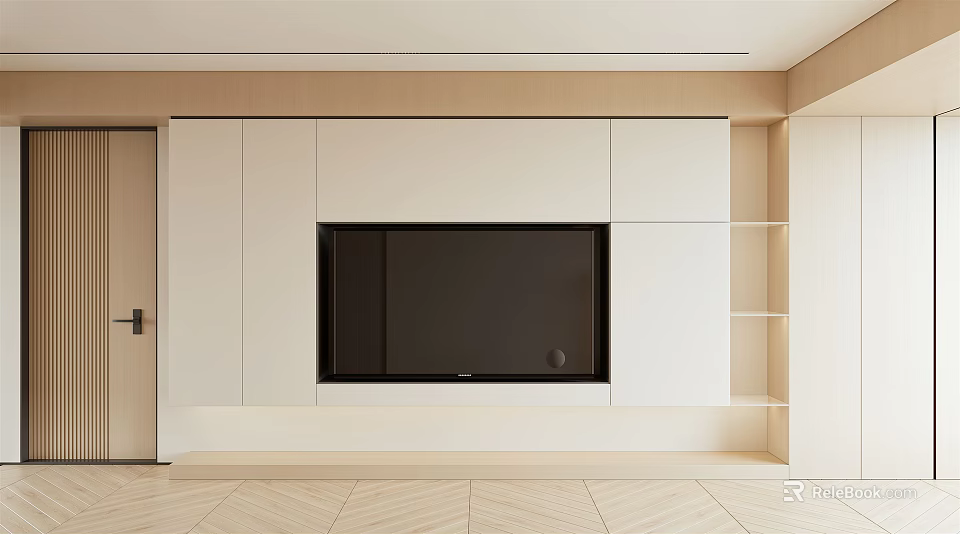 Modern Minimalist TV Background Wall With White Cabinets Built in TV and Open Shelves 3d model 