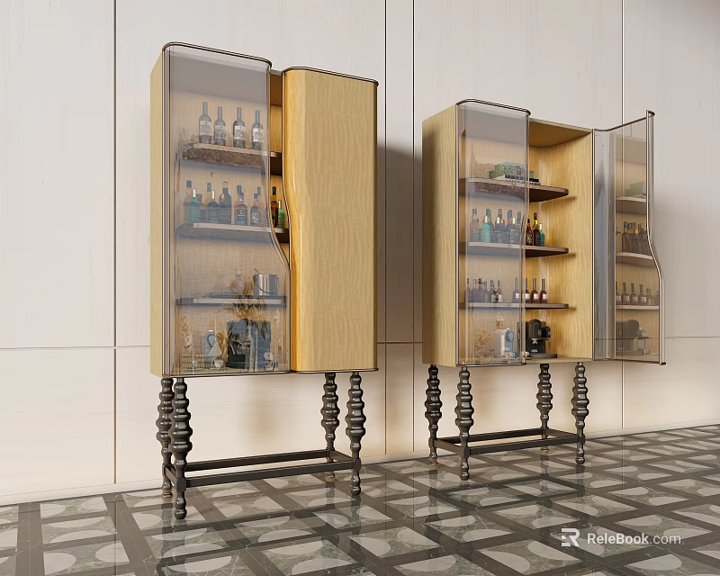 Modern Wine Cabinet With Wooden Frame Glass Doors Decorative Legs And Wine Bottles 3d model 