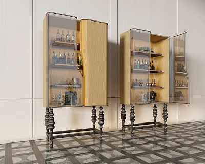 Modern Wine Cabinet With Wooden Frame Glass Doors Decorative Legs And Wine Bottles 3d model