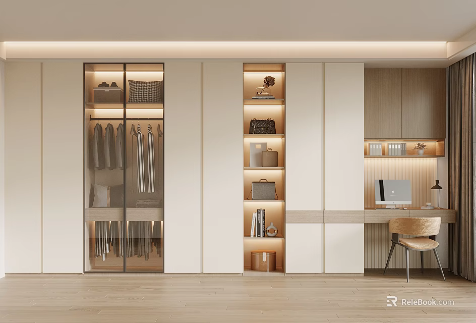 Modern Glass Door Wardrobe Interior With Open Shelves Clothes Bags Books And Wooden Desk Chair 3d model 