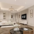Luxurious Bedroom Interior With Crystal Chandelier Tufted Headboard And Area Rug