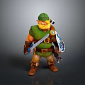 Man in Green Hat and Yellow Beard Wearing Green Outfit with Sword and Shield