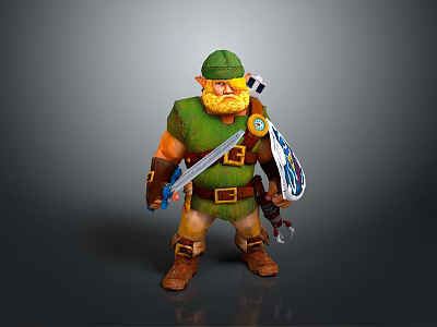 Man in Green Hat and Yellow Beard Wearing Green Outfit with Sword and Shield 3d model