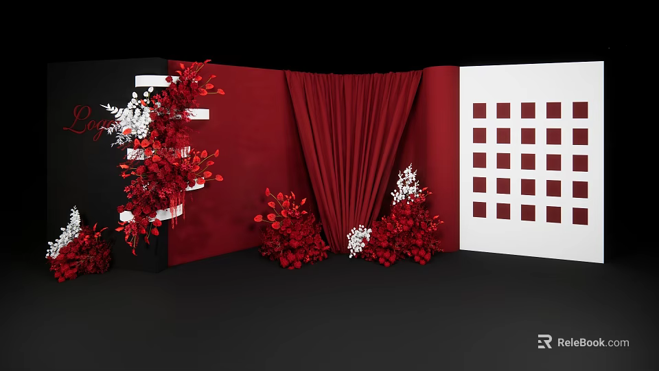 Red Curtain Backdrop With Red Floral Arrangements And White Grid Panel Decor 3d model