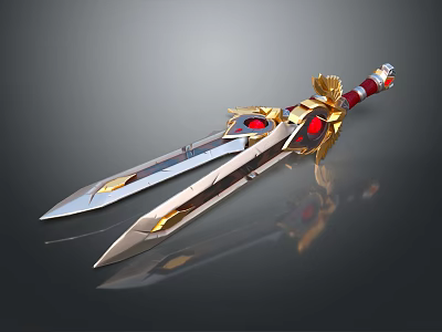 Ornate Double Bladed Sword With Golden Accents Red Gemstones And Metallic Shine 3d model