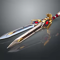 Ornate Double Bladed Sword With Golden Accents Red Gemstones And Metallic Shine