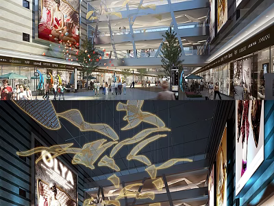 Modern Shopping Mall Interior With Multi Level Design And Hanging Decorative Elements 3d model