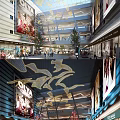 Modern Shopping Mall Interior With Multi Level Design And Hanging Decorative Elements 3d model