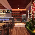 Modern Restaurant Interior Featuring Wooden Tables Chairs Colorful EAT WINE Wall Graffiti And Pendant Lights