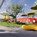 Fun Colorful Kids Playground With Yellow Cloud Structures Red Arches And Raindrop Decorations