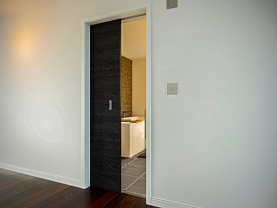 Black Wooden Sliding Door In Bathroom With Washbasin Tiled Floor And White Walls 3d model