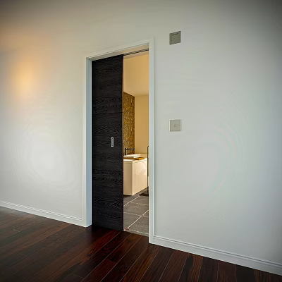 Black Wooden Sliding Door In Bathroom With Washbasin Tiled Floor And White Walls 3d model