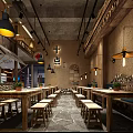 Rustic Restaurant Interior Design With Wooden Tables Stone Walls And Hanging Lamps