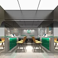Modern Store Interior Design With Glass Walls Green Sign Yellow Chairs Lighting And Decor