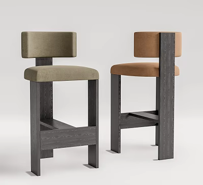 Modern Bar Stools With Light Green And Brown Upholstered Seats And Dark Wooden Frames 3d model