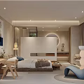 Modern Hotel Room Interior With Bedroom Bathroom Glass Shower Recessed Lighting And Neutral Tones