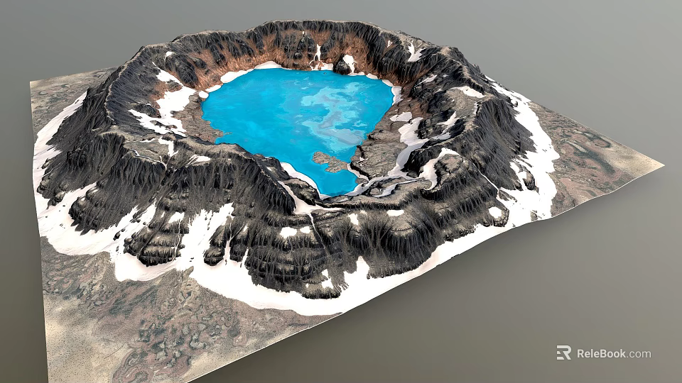 Garden Landscape Design Featuring Volcanic Crater Lake With Blue Water Snowy Rocks And Layered Terrain 3d model 
