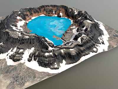 Garden Landscape Design Featuring Volcanic Crater Lake With Blue Water Snowy Rocks And Layered Terrain 3d model