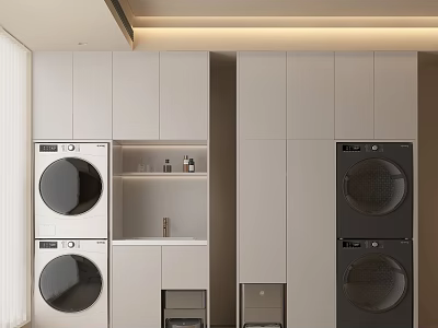 Modern Stacked Washing Machines In Built in Cabinets Laundry Room Design 3d model