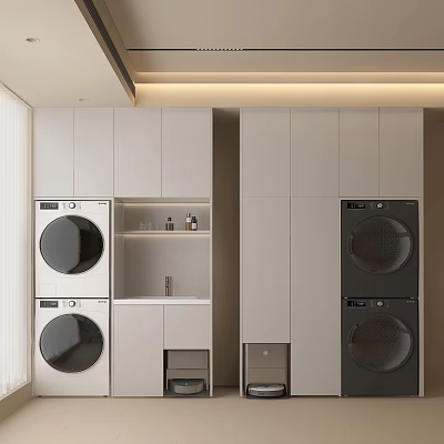 Modern Stacked Washing Machines In Built in Cabinets Laundry Room Design 3d model