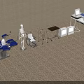Medical Equipment Collection Featuring Examination Chair Skeleton Model Wheelchair Walker Cabinets And Computer Workstation
