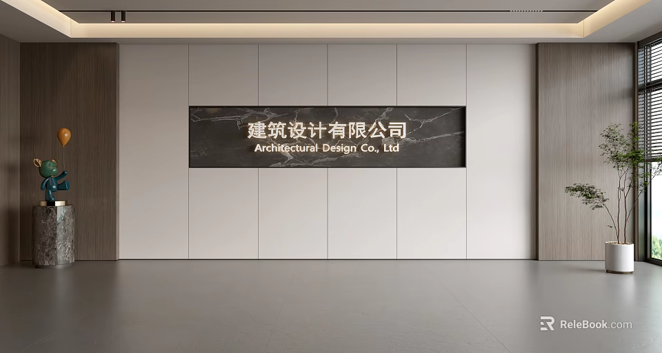 Modern Architectural Design Company Background Wall with Stone Panel and Simple Text 3d model 