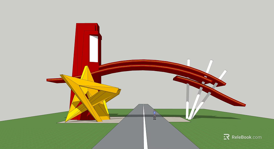 Red Arched Entrance Gate With Yellow Star And White Supports Along Road Green Lawn 3d model 