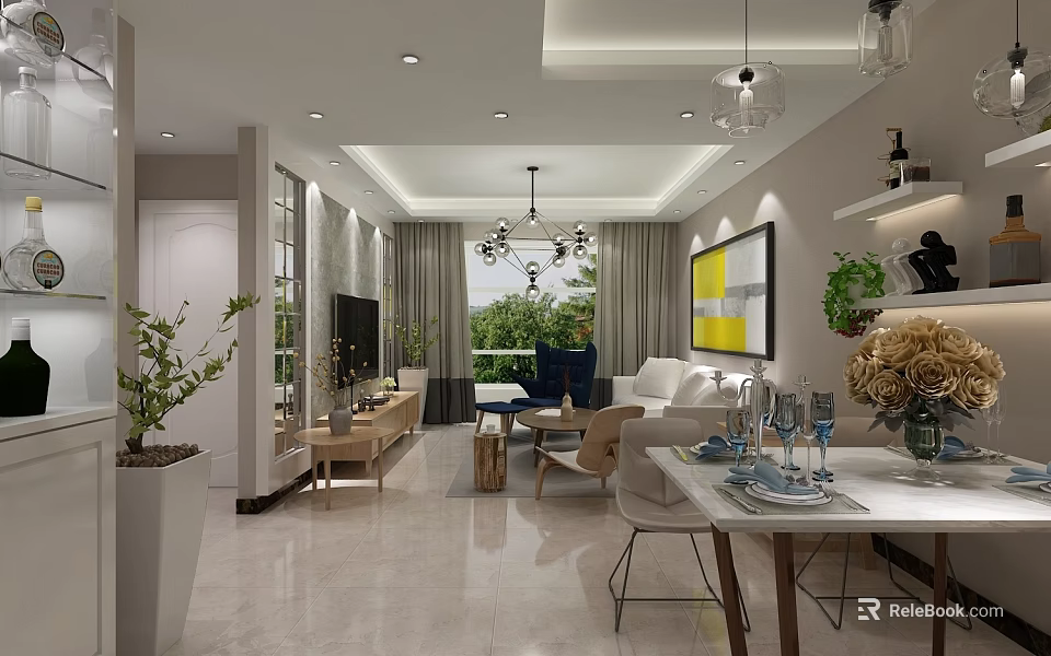 Modern Living and Dining Room Interior With Sofa Dining Table Chandelier Green Plants And Artwork 3d model 