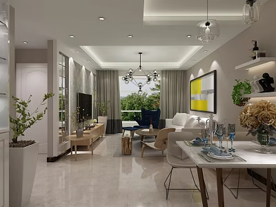 Modern Living and Dining Room Interior With Sofa Dining Table Chandelier Green Plants And Artwork 3d model