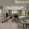 Modern Living and Dining Room Interior With Sofa Dining Table Chandelier Green Plants And Artwork